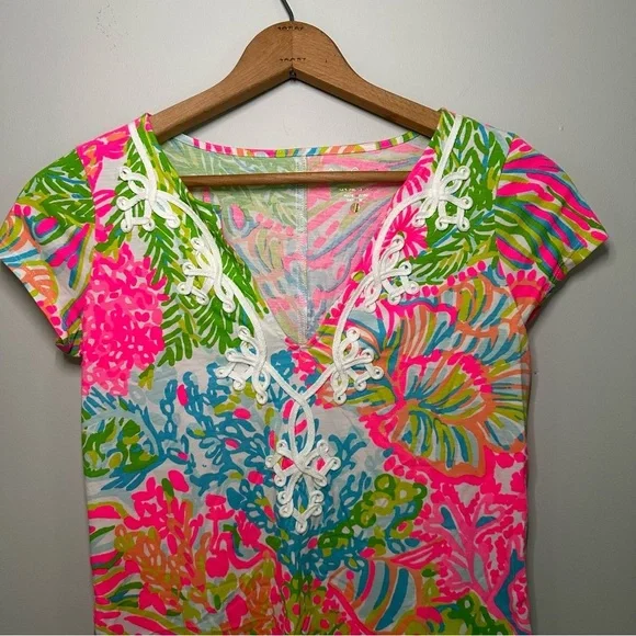 Lily Pulitzer Brewster Dress Coastal Neon Pink Green Sea Pattern Cotton Size XS - Picture 9 of 15
